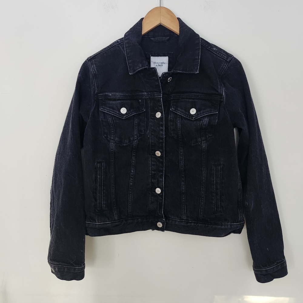 Re Worked A&F Black Denim Jacket With Strawberry Patch On Back - Picture 2 of 11